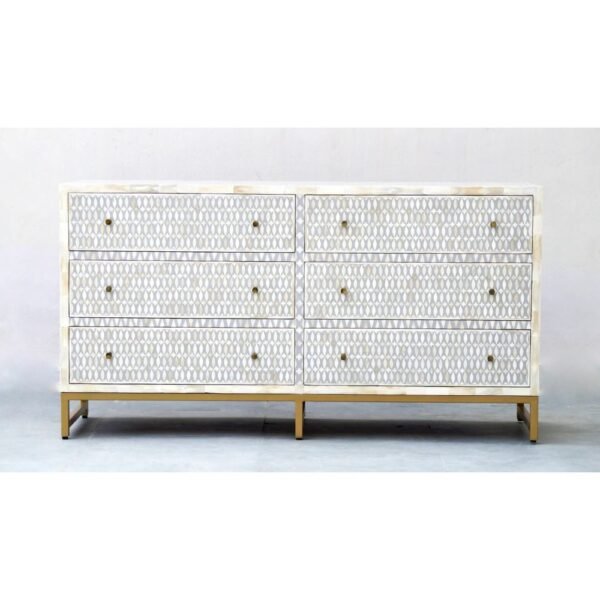 Bone inlay Sideboard Grey lattice design Elegance Sophistication Handcrafted Artisans Home decor Storage solution Furniture Interior design High-quality materials Durability Timeless charm Neutral grey tone Versatile Functionality Tradition Craftsmanship Understated opulence Living room furniture Bedroom storage Dining room accent Focal point Interior styles.