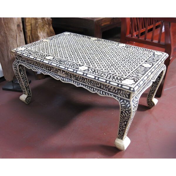 Geometry Bone inlay Coffee table Black finish Ethically sourced bone Geometric pattern Rectangular tabletop Sturdy construction Easy to clean Versatile use Timeless appeal Assembly required Living room furniture Decorative accent Modern design Traditional craftsmanship Glossy finish Interior decor